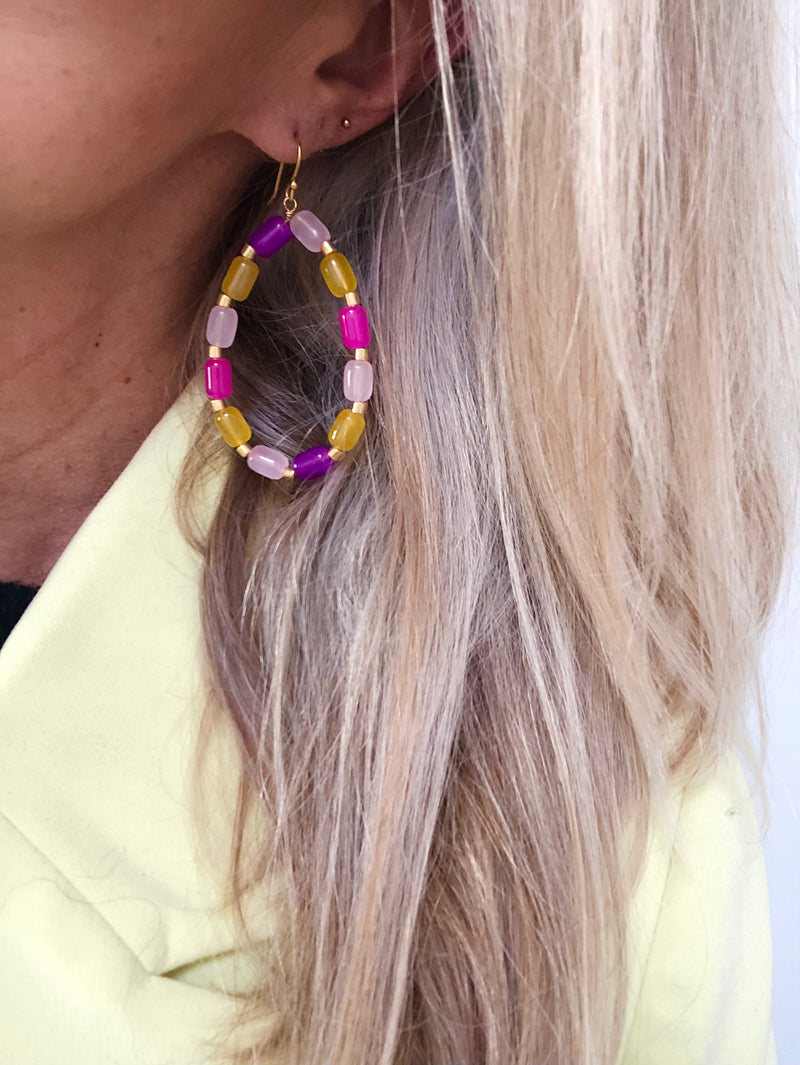 "EarringsChunky Glass Beads Purple/Yellow"